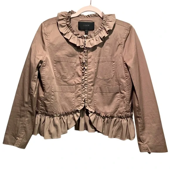 J Crew Tan Frill Peplum Crop Jacket with seersucker lining accents Size 6 - Picture 4 of 12